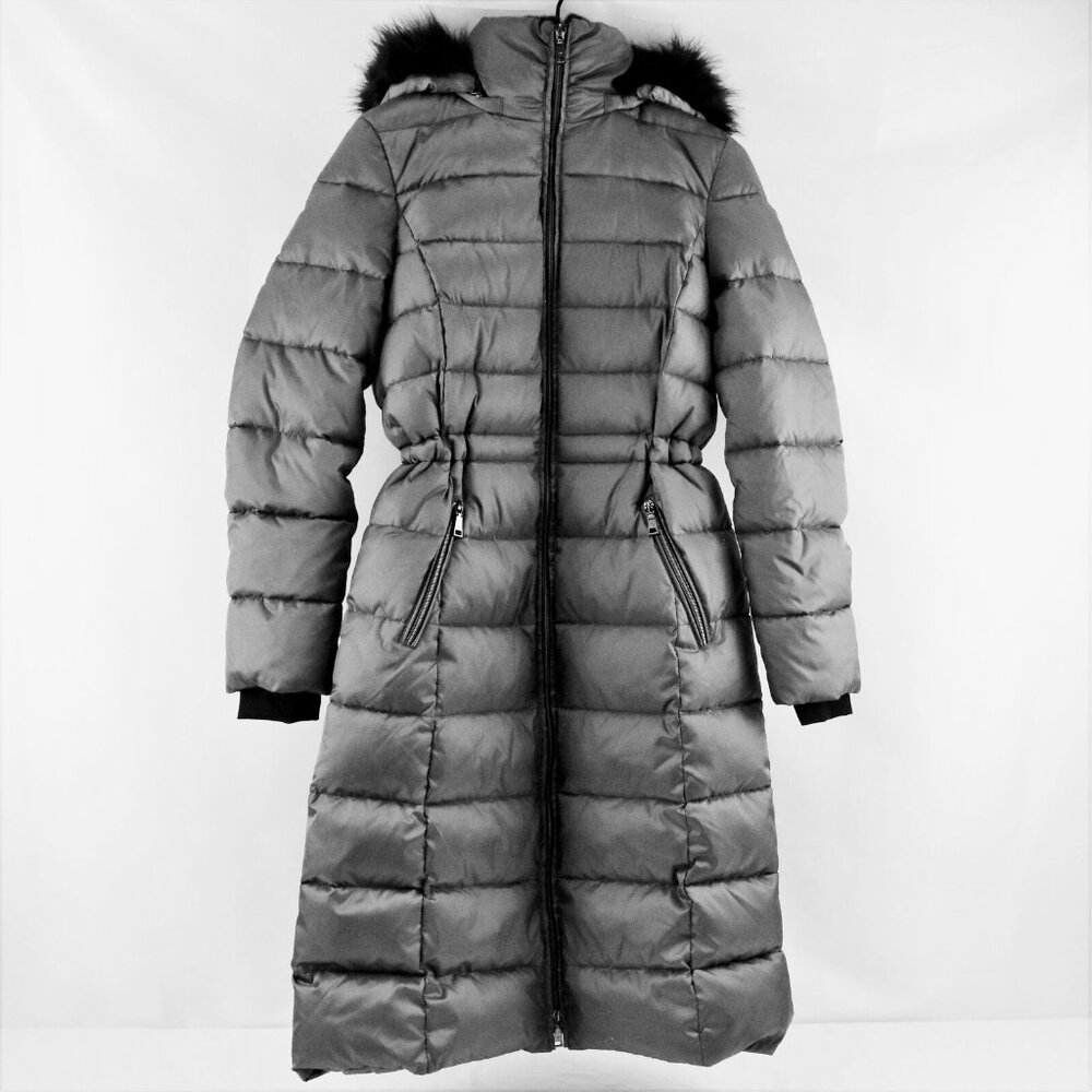 Tahari Long Puffer Coat Fur Lined Hood Steel - FCM55
